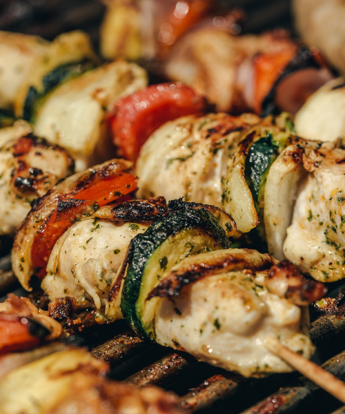 A close up of food on a grill